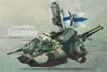  1girl anchor aqua_eyes aqua_hair chains eyelashes finnish_flag gloves headset highres kome long_hair mecha_musume military military_uniform open_mouth original personification profile propeller shadow trigger_discipline turret uniform vainamoinen_(ship) vest weapon 