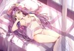  1girl absurdres babydoll bow breasts four-poster_bed hair_bow hand_on_own_chest hand_to_own_mouth hat highres lying navel on_back panties patchouli_knowledge pink_panties purple_hair sidelocks sketch small_breasts solo touhou underwear underwear_only vanilla_(miotanntann) violet_eyes 