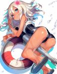  1girl ass bare_arms bare_legs blue_eyes bukurote crop_top flower hair_flower hair_ornament kantai_collection lifebuoy looking_at_viewer lying ro-500_(kantai_collection) school_swimsuit silver_hair slippers solo swimsuit tan wet 