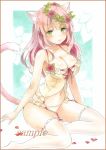  1girl animal_ears babydoll bangs blush breasts cat_ears cat_tail cleavage colored_pencil_(medium) eyebrows_visible_through_hair floral_background frilled_legwear frilled_panties frills garter_straps green_eyes large_breasts light_smile lingerie long_hair looking_at_viewer marker_(medium) original panties parted_lips pink_hair potto red_ribbon ribbon sample sitting solo tail thigh-highs thighs traditional_media underwear wreath yokozuwari 