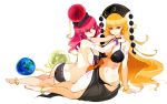 2girls anklet ass bangs barefoot bikini black_bikini blonde_hair bracelet breasts butt_crack cleavage commentary_request crescent earrings earth_(ornament) female full_body groin halter_top halterneck hecatia_lapislazuli highres jewelry junko_(touhou) large_breasts light_smile long_hair looking_at_viewer moon_(ornament) multiple_girls nail_polish navel pink_nails pointy_ears polos_crown raptor7 red_eyes redhead sarong sideboob simple_background stomach swimsuit tassel tattoo touhou very_long_hair wavy_hair white_background yuri 