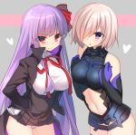  2girls armor armored_dress bare_shoulders bb_(fate/extra_ccc) blush elbow_gloves fate/extra fate/extra_ccc fate_(series) gloves hair_over_one_eye lavender_hair leaning_forward long_hair multiple_girls navel panties purple_hair red_eyes shielder_(fate/grand_order) short_hair thigh-highs underwear ureshiijelek violet_eyes 