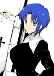  1girl absurdres black_dress blue_eyes blue_hair breasts ciel dress harukon_(halcon) highres holding holding_weapon large_breasts long_sleeves looking_at_viewer nun seventh_holy_scripture short_hair sidelocks smile solo tsukihime upper_body weapon white_background 