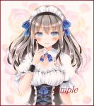  1girl bangs blouse blush breasts cleavage closed_mouth colored_pencil_(medium) corset eyebrows_visible_through_hair grey_hair hair_between_eyes hand_up index_finger_raised large_breasts long_hair looking_at_viewer maid maid_headdress marker_(medium) original potto sample shiny shiny_hair smile solo traditional_media upper_body white_blouse wrist_cuffs 