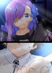  1boy 1girl asa_kusa_99 blue_eyes dirty_clothes dirty_face fate/extra fate/extra_ccc fate/grand_order fate_(series) fujimaru_ritsuka_(male) hair_over_eyes hair_ribbon light_rays long_hair long_sleeves looking_at_viewer meltlilith open_mouth purple_hair ribbon sunbeam sunlight torn_clothes 