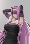  1girl armpits arms_behind_head blindfold blush breasts choker collarbone detached_sleeves dress facial_mark fate/stay_night fate_(series) forehead_mark highres hikichi_sakuya long_hair medium_breasts purple_hair rider solo strapless strapless_dress sweat very_long_hair 