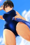  1girl bangs black_eyes black_hair blue_sky blue_swimsuit blurry blurry_background blush breasts clouds eyebrows eyebrows_visible_through_hair highres holding looking_at_viewer matsunaga_kouyou one-piece_swimsuit open_mouth original short_hair sky solo swimsuit thighs wet 