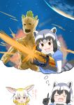  &gt;:d 1boy 2girls :d absurdres animal_ears aramori_susumu black_bow black_eyes black_hair blonde_hair blush bow brown_hair closed_eyes commentary_request common_raccoon_(kemono_friends) crossover fang fennec_(kemono_friends) firing fox_ears fur_collar grey_hair groot guardians_of_the_galaxy gun highres holding holding_gun holding_weapon imagining index_finger_raised kemono_friends looking_at_another multicolored_hair multiple_girls open_mouth planet puffy_short_sleeves puffy_sleeves raccoon_ears raccoon_tail short_sleeves smile space striped_tail tail thought_bubble translated weapon white_background white_hair yellow_bow 