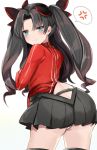  1girl annoyed ass black_hair blush fate/extra fate/stay_night fate_(series) green_eyes hair_ribbon huge_ass long_hair looking_at_viewer looking_back ribbon simple_background skirt solo standing sweat thigh-highs tohsaka_rin toi_(toiot) 