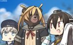  3girls abukuma_(kantai_collection) animalization bear blonde_hair blue_eyes blue_sky bottle bow clouds dated double_bun hair_between_eyes hair_rings hamu_koutarou hat headgear highres kantai_collection long_hair multiple_girls nagato_(kantai_collection) red_eyes remodel_(kantai_collection) sailor_hat school_uniform serafuku short_hair silver_hair sky smoke towel z1_leberecht_maass_(kantai_collection) 