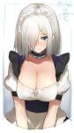  1girl apron artist_name blue_eyes blush breasts choker cleavage collarbone embarrassed hair_ornament hair_over_one_eye hairclip hamakaze_(kantai_collection) isshiki_(ffmania7) kantai_collection large_breasts looking_at_viewer maid_headdress silver_hair sketch solo twitter_username waist_apron wavy_mouth 