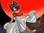  1girl alternate_hair_length alternate_hairstyle animal_ears bare_shoulders brown_hair capelet collarbone dark_skin dress edowan fangs flat_chest full_moon imaizumi_kagerou moon open_mouth red_eyes see-through_silhouette solo sundress tail tan touhou white_dress wolf_ears wolf_tail 