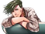  1boy earrings green_eyes green_hair io_(ike_ike) jewelry jojo_no_kimyou_na_bouken kishibe_rohan male_focus smile solo sparkle upper_body white_background 