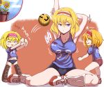  3girls :3 alice_margatroid blonde_hair blue_eyes blush boots breasts cigarette closed_eyes collarbone cookie_(touhou) eyebrows_visible_through_hair headdress ichigo_(cookie) large_breasts looking_at_another multiple_girls navel open_mouth sakuranbou short_hair smoke stretch touhou translation_request volleyball yarumi_(suina) 