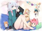  1boy 3girls barefoot black_hair blonde_hair blue_eyes bow character_request chibi closed_eyes drill_hair eromanga_sensei feet hair_bow hair_over_one_eye izumi_masamune izumi_sagiri jinno_megumi long_hair medium_hair multiple_girls orange_hair pantie_painting panties pink_bow pink_panties short_hair silver_hair sitting soles toes underwear yamada_elf 