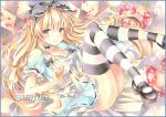  1girl alice_(wonderland) alice_in_wonderland bangs black_bow black_legwear black_shoes blonde_hair blue_dress blue_eyes blush bow checkered checkered_background closed_mouth colored_pencil_(medium) dress eyebrows_visible_through_hair hair_bow knees_together_feet_apart light_smile long_hair looking_at_viewer marker_(medium) mary_janes original potto puffy_short_sleeves puffy_sleeves sample shoes short_sleeves sitting smile solo striped striped_legwear thigh-highs thighs traditional_media white_legwear 