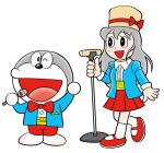  1boy 1girl black_eyes blue_jacket bow bowtie bright_pupils doraemon doraemon_(character) doraemon_(cosplay) food fujiko_f_fujio_(style) full_body hat jacket kneehighs long_hair mascot microphone microphone_stand pants pleated_skirt red_bow red_bowtie red_pants red_shoes red_skirt shoes silver_hair skirt suit_jacket umaemon umaibou umami-chan white_legwear yaokin 