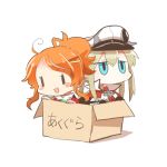  2girls aquila_(kantai_collection) black_gloves blonde_hair blue_eyes box capelet gloves graf_zeppelin_(kantai_collection) hair_between_eyes hat high_ponytail in_box in_container jacket kantai_collection long_hair lowres military military_uniform multiple_girls orange_hair peaked_cap rebecca_(keinelove) red_jacket short_hair sidelocks simple_background twintails uniform white_background 