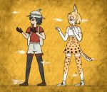  2girls animal_ears backpack bag bare_shoulders black_eyes black_gloves black_hair black_legwear blonde_hair bow brown_eyes brown_shoes bucket_hat closed_mouth commentary_request crack egyptian_art elbow_gloves from_side full_body gloves hat hat_feather high-waist_skirt highres kaban_(kemono_friends) kemono_friends kita_(7kita) legs_apart multiple_girls pantyhose profile red_shirt serval_(kemono_friends) serval_ears serval_print serval_tail shirt shoes short_hair short_sleeves shorts skirt sleeveless sleeveless_shirt standing striped_tail tail thigh-highs white_shirt white_shoes white_shorts yellow_background 