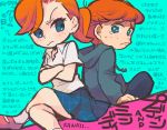  1boy 1girl blue_eyes crossed_arms freckles frown haku_le hood legs_crossed mindy_(billy_&amp;_mandy) orange_hair plaid plaid_skirt pud&#039;n school_uniform skirt sweater tears the_grim_adventures_of_billy_&amp;_mandy translation_request wavy_mouth 