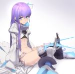  1girl affiliation blue_eyes bow fate/grand_order fate_(series) flat_chest hair_bow light_smile long_hair long_sleeves looking_at_viewer meltlilith navel purple_hair smile solo spikes thighs very_long_hair white_bow 