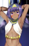  armpits arms_behind_head arms_up confused dark_skin egyptian_clothes facial_mark fate/grand_order fate_(series) hairband long_hair mu-nyako navel nitocris_(fate/grand_order) purple_hair sweat violet_eyes 