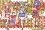  3girls adapted_costume alternate_costume blonde_hair green_hair kochiya_sanae looking_at_viewer moriya_suwako multiple_girls oota_(ikumi1110) patterned_background purple_hair short_hair smile touhou traditional_media watercolor_(medium) yasaka_kanako 