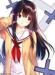  1girl black_hair blue_eyes blush cardigan koe_no_katachi long_hair looking_away parted_lips school_uniform serafuku solo ueno_naoka un_s upper_body 