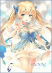  1girl :d bangs blonde_hair blue_bow blue_eyes blush bow breasts capelet colored_pencil_(medium) dress frills hair_bow long_hair looking_at_viewer marker_(medium) medium_breasts open_mouth original potto sample smile solo teeth traditional_media twintails white_dress 