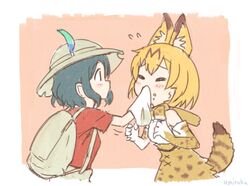  animal_ears backpack bag bow bowtie bucket_hat elbow_gloves food food_on_face gloves hair_between_eyes handkerchief hat hat_feather high-waist_skirt kaban_(kemono_friends) kemono_friends multicolored_hair red_shirt serval_(kemono_friends) serval_ears serval_print serval_tail shirt skirt sleeveless sleeveless_shirt striped_tail tail two-tone_hair yukiroku 