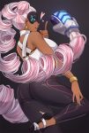  1girl arms_(game) ass back black_pants blue_eyes boxing_gloves bracelet breasts dark_skin drill_hair earrings heart high_heels highres iwbitu-sa jewelry large_breasts lipstick looking_at_viewer makeup pants parted_lips pink_hair red_lipstick solo twintails twintelle_(arms) 