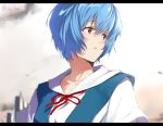  1girl ayanami_rei bangs blue_eyes blue_vest blurry blurry_background cityscape collarbone expressionless eyebrows_visible_through_hair isshiki_(ffmania7) letterboxed looking_away looking_to_the_side neon_genesis_evangelion open_mouth outdoors red_eyes red_ribbon ribbon school_uniform shiny shiny_hair shirt short_hair short_sleeves signature sky solo twitter_username upper_body vest white_shirt 