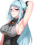  1girl absurdres annoyed arm_up armpits bare_shoulders biting black_ribbon blue_eyes blue_hair blush breasts center_frills closers commentary_request eyebrows_visible_through_hair from_side hair_ribbon hand_behind_head highres large_breasts lip_biting long_hair looking_at_viewer ndgd_(bean1215) parted_lips profile ribbon simple_background solo sweat upper_body very_long_hair violet_(closers) white_background 