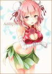  1girl bandage bandaged_arm bare_shoulders breasts cleavage cleavage_cutout colored_pencil_(medium) double_bun flower ibaraki_kasen large_breasts leaning_forward looking_at_viewer marker_(medium) navel parted_lips pink_eyes pink_hair potto potto_(minntochan) red_ribbon red_rose ribbon rose sample sarong smile solo standing touhou traditional_media 
