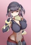  1girl ashita_yaru bare_shoulders black_gloves black_hair bracelet breasts brown_eyes cleavage cowboy_shot elbow_gloves fan fire_emblem fire_emblem_if folding_fan gloves gradient gradient_background groin hair_ornament hand_on_hip jewelry large_breasts looking_at_viewer midriff navel purple_background robe short_hair short_twintails smile solo syalla_(fire_emblem_if) twintails 