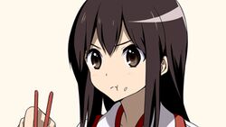  1girl :t akagi_(kantai_collection) animated animated_gif bangs beige_background black_hair blinking brown_eyes eating food food_on_face holding_chopsticks kantai_collection lowres rice rice_on_face solo suisen upper_body 