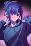  1girl adjusting_headphones alternate_hairstyle black_hoodie closed_mouth collarbone gradient_background hair_bun headphones highres hood hoodie hoshino_ai_(oshi_no_ko) kita_yharu long_sleeves looking_at_viewer oshi_no_ko purple_hair revision shadow sidelocks single_hair_bun solo star-shaped_pupils star_(symbol) swept_bangs symbol-shaped_pupils upper_body violet_eyes 