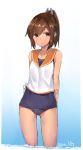  arms_behind_back brown_eyes brown_hair cowboy_shot hair_ornament hairclip highres i-401_(kantai_collection) japanese_clothes kantai_collection kure_(kure_ng) looking_at_viewer name_tag one-piece_swimsuit ponytail sailor_collar school_swimsuit school_uniform short_ponytail simple_background smile standing standing_on_liquid swimsuit swimsuit_under_clothes tan tanline thighs 