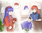  1boy 1girl apple blue_eyes blue_hair blush chibi dress fire_emblem fire_emblem:_fuuin_no_tsurugi food fruit gloves hat hetero lilina long_hair open_mouth redhead roy_(fire_emblem) short_hair smile translation_request wspread 