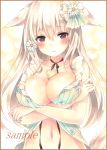  1girl animal_ears bangs between_breasts blonde_hair blush breasts cleavage closed_mouth collarbone colored_pencil_(medium) crossed_arms embarrassed eyebrows_visible_through_hair flower hair_between_eyes hair_flower hair_ornament heart-shaped_food large_breasts light_frown long_hair looking_at_viewer marker_(medium) navel original potto sample solo tail traditional_media upper_body violet_eyes white_flower wolf_ears wolf_tail 