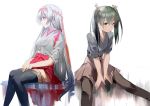  arms_between_legs black_hair black_legwear brown_legwear chair hair_between_eyes hair_ribbon hakama_skirt headband highres hunter.g japanese_clothes kantai_collection long_hair looking_at_viewer looking_away looking_to_the_side multiple_girls red_skirt ribbon shoukaku_(kantai_collection) silver_hair simple_background sitting sketch skirt sleeves_rolled_up thigh-highs twintails very_long_hair white_background white_ribbon zuikaku_(kantai_collection) 