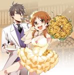  1boy 1girl :d ahoge akuno_hideo armpits bare_legs bare_shoulders black_hair blue_eyes bouquet breasts brown_eyes brown_hair cake cleavage cleavage_cutout closed_mouth commentary cowboy_shot dress earrings eating eyebrows_visible_through_hair flower food fork formal hair_between_eyes hair_flower hair_ornament happy_birthday holding holding_plate idolmaster idolmaster_cinderella_girls idolmaster_side-m jewelry katagiri_sanae low_twintails necklace necktie open_mouth plate rose short_hair short_twintails smile stairs suit tutu twintails veil white_suit wm_(chawoo1357) yellow_rose 