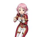 1girl :d hair_ornament hairclip holding holding_microphone lisbeth_(sao-alo) looking_at_viewer microphone open_mouth pants pink_hair pointy_ears red_eyes smile solo sword_art_online transparent_background white_pants 