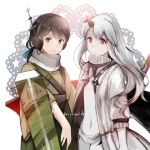  2girls brown_eyes brown_hair escort_hime flight_deck green_hakama hakama headphones horn japanese_clothes kantai_collection kasuga_maru_(kantai_collection) kleinlight long_hair lowres multiple_girls red_eyes remodel_(kantai_collection) shinkaisei-kan short_hair smile taiyou_(kantai_collection) white_hair 