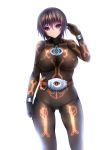  1girl akina_t bangs black_bodysuit black_hair bloom bodysuit bracelet breasts closed_mouth cosplay cowboy_shot gluteal_fold highres jewelry kamen_rider kamen_rider_ghost kamen_rider_ghost_(cosplay) kamen_rider_ghost_(series) large_breasts looking_at_viewer rider_belt simple_background solo violet_eyes white_background 