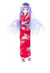  1girl arms_behind_back bangs blue_hair blush bow bowtie eyebrows_visible_through_hair floral_print full_body golden_marriage hayakawa_harui highres japanese_clothes kimono long_hair looking_at_viewer marika_von_wittelsbach obi official_art open_mouth sandals sash solo standing transparent_background violet_eyes 