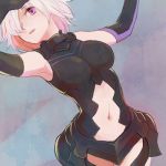  1girl armor armored_dress breasts chanosuke elbow_gloves fate/grand_order fate_(series) gloves hair_over_one_eye large_breasts looking_at_viewer navel navel_cutout purple_hair shielder_(fate/grand_order) short_hair solo violet_eyes 
