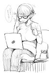  1girl bangs belly blush breasts computer eating elf elf-san_wa_yaserarenai. erufuda-san fat_folds food food_on_face glasses greyscale highres laptop large_breasts monochrome muffin_top plump pointy_ears solo synecdoche 