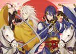  2boys black_gloves blue_eyes blue_hair egasumi gloves horse japanese_clothes katana kogitsunemaru male_focus mikazuki_munechika multiple_boys petals red_eyes riding sayagata smile sword syuuichi touken_ranbu weapon white_hair 