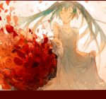  1girl blue_hair bouquet closed_eyes commentary crying dress eyebrows_visible_through_hair floating_hair flower gradient gradient_background grey_dress happy hatsune_miku highres letterboxed long_hair outstretched_arm petals pink_background puffy_short_sleeves puffy_sleeves red_flower red_rose rose short_sleeves simple_background smile solo_focus tears teeth twintails vocaloid white_background 